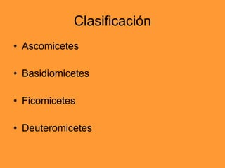Clasificación Ascomicetes  Basidiomicetes Ficomicetes Deuteromicetes 