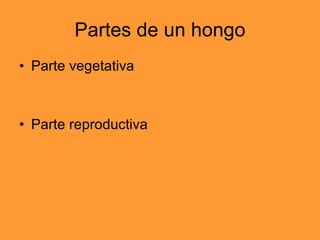 Partes de un hongo Parte vegetativa Parte reproductiva 