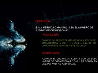 EUPLOIDÍA:ES LA PÉRDIDA O GANANCIA EN EL NÚMERO DE JUEGOS DE CROMOSOMAS. POLIPLOIDÍA:CUANDO SE PRESENTA MÁS DE DOS JUEGOS DE CROMOSOMAS  ( 2n+ 1 ), ( 2n+2 ), ( 2n+3). ES COMÚN EN LAS PLANTAS Y LAS VIGORIZA. MONOPLOIDÍA:CUANDO EL ORGANISMO CUENTA CON UN SOLO JUEGO DE CROMOSOMAS ( 2n-1 ). ES COMÚN EN ABEJAS, AVISPAS Y HORMIGAS.