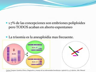  1.7% de las concepciones son embriones poliploides
   pero TODOS acaban en aborto espontaneo

 La trisomia es la aneuploidia mas frecuente.




Guizar-Vazquez, Genética Clínica ,Diagnostico y manejo de las enfermedades hereditarias capitulo 8 y 9, 3ª edición , Edit. Manual
 