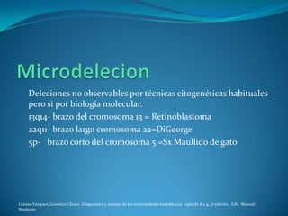 Deleciones no observables por técnicas citogenéticas habituales
     pero si por biología molecular.
     13q14- brazo del cromosoma 13 = Retinoblastoma
     22q11- brazo largo cromosoma 22=DiGeorge
     5p- brazo corto del cromosoma 5 =Sx Maullido de gato




Guizar-Vazquez, Genética Clínica ,Diagnostico y manejo de las enfermedades hereditarias capitulo 8 y 9, 3ª edición , Edit. Manual
Moderno
 