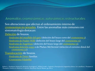 Son alteraciones que afectan al ordenamiento interno de
    cromosomas no sexuales. Entre las anomalías más comunes con
    sintomatología destacan:
    Deleción de brazos.
          Síndrome del maullido del gato (deleción del brazo corto del cromosoma 5).
          Síndrome de Prader-Willi (deleción del brazo largo del cromosoma 15).
          Síndrome de Angelman (deleción del brazo largo del cromosoma 15).
          Síndrome deleción 22q13 o de Phelan-McDermid (deleción el extremo distal del
             cromosoma 22).
    Translocación de brazos.
          Síndrome de Down familiar.
          Cromosoma Filadelfia

Robert L., Nussbaum; Roderick R. McInnes; Huntington F. Willard (2008). «Capítulo 5: Principios de citogenética clínica» (en castellano). Thompson &
Thompson. Genética en Medicina (7ª edición). Barcelona: Elsevier Masson. pp. 68-75
 