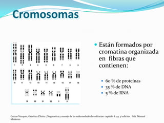 Cromosomas

                                                                                Están formados por
                                                                                 cromatina organizada
                                                                                 en fibras que
                                                                                 contienen:

                                                                                       60 % de proteínas
                                                                                       35 % de DNA
                                                                                       5 % de RNA




Guizar-Vazquez, Genética Clínica ,Diagnostico y manejo de las enfermedades hereditarias capitulo 8 y 9, 3ª edición , Edit. Manual
Moderno
 