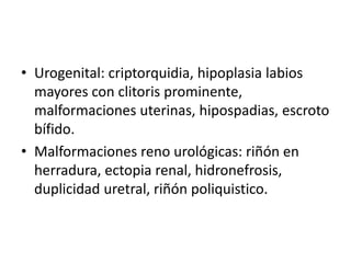 • Urogenital: criptorquidia, hipoplasia labios
mayores con clitoris prominente,
malformaciones uterinas, hipospadias, escroto
bífido.
• Malformaciones reno urológicas: riñón en
herradura, ectopia renal, hidronefrosis,
duplicidad uretral, riñón poliquistico.
 