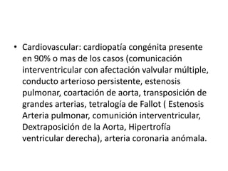 • Cardiovascular: cardiopatía congénita presente
en 90% o mas de los casos (comunicación
interventricular con afectación valvular múltiple,
conducto arterioso persistente, estenosis
pulmonar, coartación de aorta, transposición de
grandes arterias, tetralogía de Fallot ( Estenosis
Arteria pulmonar, comunición interventricular,
Dextraposición de la Aorta, Hipertrofía
ventricular derecha), arteria coronaria anómala.
 