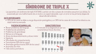 SÍNDROME DE TRIPLE X
SÍNDROME DE TRIPLE X
Las pacientes con síndrome de triple X (47,XXX), cuentan con dos cuerpos de cromatina sexual en sus células. Es
ocasionado por una malformación de un óvulo o un espermatozoide, o por un error en las primeras etapas de
desarrollo del embrión.
DATO INTERESANTE
20% de los casos se debe a una no disyunción postcigótica y un 30% de los casos de trisomía X se observa una
edad materna avanzada.
CARACTERÍSTICAS
A menudo no se diagnostican por sus
características físicas discretas.
PUEDEN DESARROLLAR:
Tienen problemas del lenguaje
Problemas de autoestima
Problemas de aprendizaje
Retraso en el lenguaje
Atraso de desenvolvimiento y atraso motor
Hipotonía
Dificultades de comportamiento
Convulsiones (10% de los casos)
Anomalías genitourinarias (10% de los casos)
Anomalías de riñón
Falla ovárica prematura.
 
