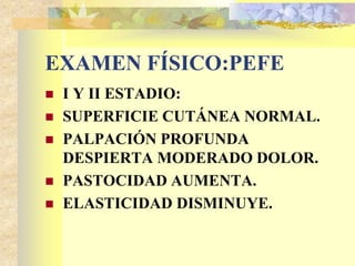 EXAMEN FÍSICO:PEFE 
 I Y II ESTADIO: 
 SUPERFICIE CUTÁNEA NORMAL. 
 PALPACIÓN PROFUNDA 
DESPIERTA MODERADO DOLOR. 
 PASTOCIDAD AUMENTA. 
 ELASTICIDAD DISMINUYE. 
 