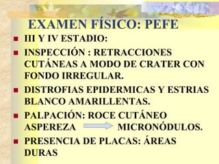 EXAMEN FÍSICO: PEFE 
 III Y IV ESTADIO: 
 INSPECCIÓN : RETRACCIONES 
CUTÁNEAS A MODO DE CRATER CON 
FONDO IRREGULAR. 
 DISTROFIAS EPIDERMICAS Y ESTRIAS 
BLANCO AMARILLENTAS. 
 PALPACIÓN: ROCE CUTÁNEO 
ASPEREZA MICRONÓDULOS. 
 PRESENCIA DE PLACAS: ÁREAS 
DURAS 
 