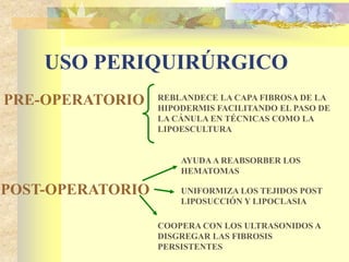 USO PERIQUIRÚRGICO 
PRE-OPERATORIO REBLANDECE LA CAPA FIBROSA DE LA 
HIPODERMIS FACILITANDO EL PASO DE 
LA CÁNULA EN TÉCNICAS COMO LA 
LIPOESCULTURA 
POST-OPERATORIO 
AYUDA A REABSORBER LOS 
HEMATOMAS 
UNIFORMIZA LOS TEJIDOS POST 
LIPOSUCCIÓN Y LIPOCLASIA 
COOPERA CON LOS ULTRASONIDOS A 
DISGREGAR LAS FIBROSIS 
PERSISTENTES 
 