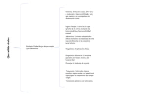 Queratitis
virales
Etiología. Producida por herpes simple
y por adenovirus.
Síntomas. Irritación ocular, dolor leve
a moderado e hipersensibilidad a luz y
que pueden o no, acompañarse de
disminución visual.
Signos. Herpes. A nivel de la capa
epitelial de la córnea incluyen una
lesión dendrítica, hipersensibilidad
corneal.
Adenovirus. Lesiones subepiteliales
difusas numulares acompañadas de una
reacción folicular en la conjuntiva
tarsal inferior.
Diagnóstico. Exploración clínica.
Diagnóstico diferencial. Considerar
queratitis por herpes zóster y por
Epstein-Barr
Descartar el síndrome de erosión
corneal recurrente y queratitis por
Acanthamoeba
Tratamiento. Antivirales tópicos
(aciclovir tópico ocular o el ganciclovir
tópico) para la conjuntivitis por herpes
simple.
Tratamiento paliativo con lubricantes,
ciclopléjicos y AINE para la queratitis
por adenovirus.
 