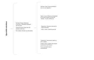 Queratitis
micóticas
Etiología. Hongos filamentos
(Fusarium o Aspergillus) patógeno
más frecuente.
Sospecha alta por hongo ante una
queratitis infecciosa.
Por levadura. Paciente con antecedente
de inmunodepresión o de uso de
esteroides tópicos por tiempo
prolongado.
Síntomas. Dolor, hipersensibilidad a
luz, ojo rojo y lagrimeo.
Signos. Lesión infiltrativa acompañada
de un borde irregular en forma de
“plumas”, lesiones infiltrativas
satélites.
Diagnostico. Descartar infección de
origen bacteriano.
Frotis y cultivo. Identificación del
hongo
Tratamiento. Antimicóticos tópicos a
dosis estándar.
Se debe retirar el epitelio para mejorar
la penetración del fármaco.
Uso de esteroides tópicos
contraindicado
 