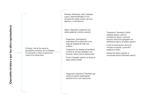 Queratitis
térmica
o
por
luz
ultra
(quemadura)
Etiología. Una de las causas de
quemaduras corneales son la soldadura
sin mascarilla o lentes sin protección
contra la luz ultravioleta.
Síntomas. Bilaterales, dolor moderado
a grave, hipersensibilidad a la luz,
sensación de cuerpo extraño, ojo rojo,
lagrimeo y visión borrosa.
Signos. Hiperemia conjuntival con
edema palpebral y defecto epitelial.
Diagnostico. Interrogatorio,
antecedente de la exposición a este
rango de longitud de onda será
evidente.
Exploración con lámpara de hendidura
revelará las lesiones epiteliales con
tinciones vitales como la fluoresceína.
Evertir el párpado superior en busca de
algún cuerpo extraño.
Diagnostico diferencial. Patologías que
afectan al epitelio (queratopatía
epitelial tóxica o por exposición)
Tratamiento. Disminuir el dolor
mediante agentes como los
ciclopléjicos tópicos y prevenir
procesos infecciosos agregados con
antibióticos tópicos de amplio espectro.
Evitar la cicatrización a través de
oclusión con parche y prescribir
analgésicos orales.
Después de retirar el parche se
recomienda utilizar lubricantes tópicos.
 