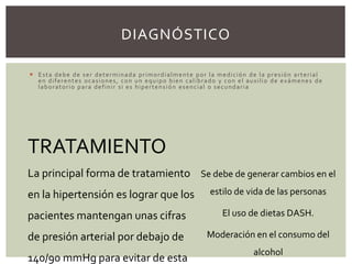  Esta debe de ser determinada primordialmente por la medición de la presión arterial
en diferentes ocasiones, con un equipo bien calibrado y con el auxilio de exámenes de
laboratorio para definir si es hipertensión esencial o secundaria
DIAGNÓSTICO
La principal forma de tratamiento
en la hipertensión es lograr que los
pacientes mantengan unas cifras
de presión arterial por debajo de
140/90 mmHg para evitar de esta
TRATAMIENTO
Se debe de generar cambios en el
estilo de vida de las personas
El uso de dietas DASH.
Moderación en el consumo del
alcohol
 
