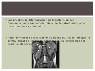  Las pruebas de diferenciación de hipertensión por
feocromocitoma son la determinación del nivel urinario de
catecolaminas y metabolitos.
 Para identificar su localización se puede utilizar la tomografía
computarizada o resonancia magnética. La extirpación del
tumor suele ser curativa.
 