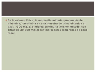  En la esfera clínica, la macroalbuminuria (proporción de
albúmina/ creatinina en una muestra de orina obtenida al
azar, >300 mg/g) o microalbuminuria (mismo método, con
cifras de 30-300 mg/g) son marcadores tempranos de daño
renal.
 