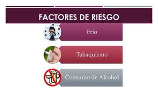 FACTORES DE RIESGO
Frío
Tabaquismo
Consumo de Alcohol
 