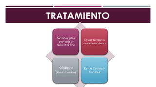 TRATAMIENTO
Medidas para
prevenir o
reducir el Frío
Evitar fármacos
vasoconstrictores
Nifedipino
(Vasodilatador)
Evitar Cafeína y
Nicotina
 