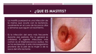 • ¿QUE ES MASTITIS?
 La mastitis puerperal es una infección de
la mama que ocurre con la lactancia,
usualmente en el curso de los pocos días
o semanas que siguen al nacimiento.
 Es la infección del seno más frecuente
durante ese período. Por lo general es
unilateral. El agente infeccioso más
común es el Staphylococcus aureus. No
se ha esclarecido si este microorganismo
proviene de la piel de la mujer o de la
boca del niño lactante.
 