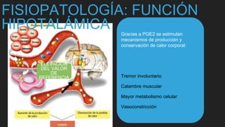 FISIOPATOLOGÍA: FUNCIÓN
HIPOTALÁMICA Gracias a PGE2 se estimulan
mecanismos de producción y
conservación de calor corporal:
Tremor involuntario
Calambre muscular
Mayor metabolismo celular
Vasoconstricción
ELEVACIÓN
DEL VALOR
DE
REFERENCIA
 
