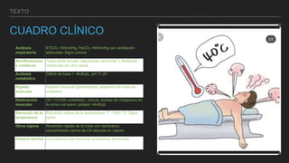 TEXTO
CUADRO CLÍNICO
Acidosis
respiratoria
ETCO2 >55mmHg, PaCO2 >60mmHg con ventilación
adecuada. Signo precoz
Manifestacione
s cardíacas
Taquicardia sinusal, taquicardia ventricular o fibrilación
ventricular sin otra causa
Acidosis
metabólica
Déficit de base > -8mEq/L, pH 7<.25
Rigidez
muscular
Rigidez muscular generalizada, espasmo del músculo
masetero
Destrucción
muscular
CK >10.000 unidades/L, coluria, exceso de mioglobina en
la orina o el suero, potasio >6mEq/L
Elevación de la
temperatura
Elevación rápida de la temperatura, T° >38,8 °C. Signo
tardío
Otros signos Reversión rápida de la crisis con dantroleno,
concentración sérica de CK elevada en reposo
Historia familiar Consistencia con herencia autosómica dominante
 