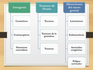 Iatrogenia
Cosméticos
Contraceptivos
Hormonas
esteroideas
Tumores de
Ovario
Tecomas
Tumores de la
granulosa
Traumas
Alteraciones
del tracto
genital
Leiomiomas
Endometriosis
Anomalías
congénitas
Pólipos
cervicales
 