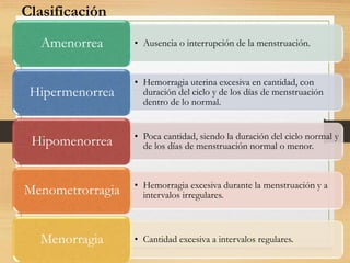 • Ausencia o interrupción de la menstruación.Amenorrea
• Hemorragia uterina excesiva en cantidad, con
duración del ciclo y de los días de menstruación
dentro de lo normal.
Hipermenorrea
• Poca cantidad, siendo la duración del ciclo normal y
de los días de menstruación normal o menor.Hipomenorrea
• Hemorragia excesiva durante la menstruación y a
intervalos irregulares.Menometrorragia
• Cantidad excesiva a intervalos regulares.Menorragia
Clasificación
 