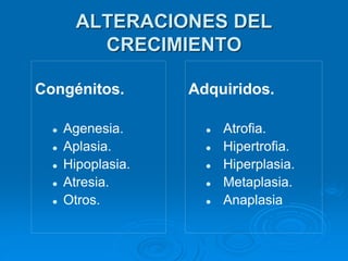 ALTERACIONES DEL
CRECIMIENTO
Congénitos.
⚫ Agenesia.
⚫ Aplasia.
⚫ Hipoplasia.
⚫ Atresia.
⚫ Otros.
Adquiridos.
⚫ Atrofia.
⚫ Hipertrofia.
⚫ Hiperplasia.
⚫ Metaplasia.
⚫ Anaplasia
 