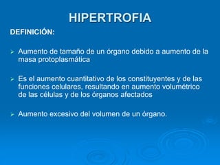HIPERTROFIA
DEFINICIÓN:
➢ Aumento de tamaño de un órgano debido a aumento de la
masa protoplasmática
➢ Es el aumento cuantitativo de los constituyentes y de las
funciones celulares, resultando en aumento volumétrico
de las células y de los órganos afectados
➢ Aumento excesivo del volumen de un órgano.
 
