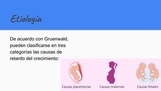Etiología
De acuerdo con Gruenwald,
pueden clasificarse en tres
categorías las causas de
retardo del crecimiento:
 