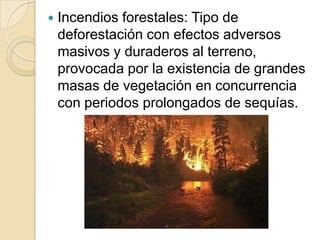    Incendios forestales: Tipo de
    deforestación con efectos adversos
    masivos y duraderos al terreno,
    provocada por la existencia de grandes
    masas de vegetación en concurrencia
    con periodos prolongados de sequías.
 