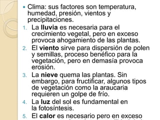  Clima: sus factores son temperatura,
  humedad, presión, vientos y
  precipitaciones.
1. La lluvia es necesaria para el
   crecimiento vegetal, pero en exceso
   provoca ahogamiento de las plantas.
2. El viento sirve para dispersión de polen
   y semillas, proceso benéfico para la
   vegetación, pero en demasía provoca
   erosión.
3. La nieve quema las plantas. Sin
   embargo, para fructificar, algunos tipos
   de vegetación como la araucaria
   requieren un golpe de frío.
4. La luz del sol es fundamental en
   la fotosíntesis.
5. El calor es necesario pero en exceso
 