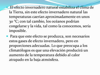  El efecto invernadero natural estabiliza el clima de
  la Tierra, sin este efecto invernadero natural las
  temperaturas caerían aproximadamente en unos
  30 °C; con tal cambio, los océanos podrían
  congelarse y la vida, tal como la conocemos, sería
  imposible.
 Para que este efecto se produzca, son necesarios
  estos gases de efecto invernadero, pero en
  proporciones adecuadas. Lo que preocupa a los
  climatólogos es que una elevación producirá un
  aumento de la temperatura debido al calor
  atrapado en la baja atmósfera.
 