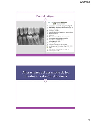 02/02/2013
26
Taurodontismo
Alteraciones del desarrollo de los
dientes en relación al número
 