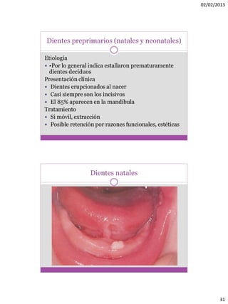 02/02/2013
31
Dientes preprimarios (natales y neonatales)
Etiología
 •Por lo general indica estallaron prematuramente
dientes deciduos
Presentación clínica
 Dientes erupcionados al nacer
 Casi siempre son los incisivos
 El 85% aparecen en la mandíbula
Tratamiento
 Si móvil, extracción
 Posible retención por razones funcionales, estéticas
Dientes natales
 