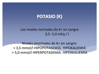 POTASIO (K)
Los niveles normales de K+ en sangre 
3,5‐ 5,0 mEq / l
Niveles anormales de K+ en sangre:
< 3,5 mmol/l HIPOPOTASEMIA. HIPOKALIEMIA
> 5,0 mmol/l HIPERPOTASEMIA. HIPERKALIEMIA

 