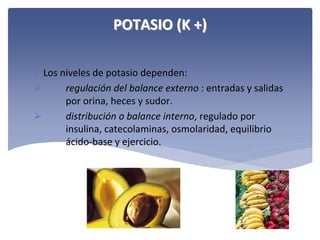 POTASIO (K +)
• Los niveles de potasio dependen:

regulación del balance externo : entradas y salidas 
por orina, heces y sudor.

distribución o balance interno, regulado por 
insulina, catecolaminas, osmolaridad, equilibrio 
ácido‐base y ejercicio.

 