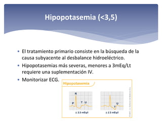 Hipopotasemia (<3,5)

• El tratamiento primario consiste en la búsqueda de la 
causa subyacente al desbalance hidroeléctrico.
• Hipopotasemias más severas, menores a 3mEq/Lt
requiere una suplementación IV.
• Monitorizar ECG.

 