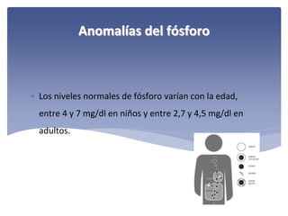 Anomalías del fósforo

• Los niveles normales de fósforo varían con la edad, 
entre 4 y 7 mg/dl en niños y entre 2,7 y 4,5 mg/dl en 
adultos.

 