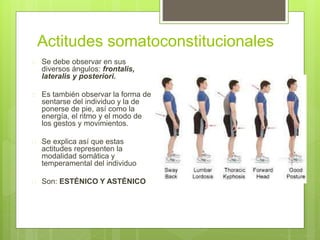 Actitudes somatoconstitucionales
 Se debe observar en sus
diversos ángulos: frontalis,
lateralis y posteriori.
 Es también observar la forma de
sentarse del individuo y la de
ponerse de pie, así como la
energía, el ritmo y el modo de
los gestos y movimientos.
 Se explica así que estas
actitudes representen la
modalidad somática y
temperamental del individuo
 Son: ESTÉNICO Y ASTÉNICO
 