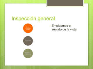 Inspección general
Inspección
Directa o
Inmediata
(Vista)
Mediata o
instrumental
 Empleamos el
sentido de la vista
 
