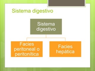 Sistema digestivo
Sistema
digestivo
Facies
peritoneal o
peritonítica
Facies
hepática
 