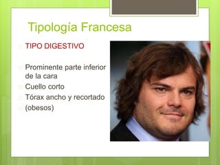 Tipología Francesa
 TIPO DIGESTIVO
 Prominente parte inferior
de la cara
 Cuello corto
 Tórax ancho y recortado
 (obesos)
 