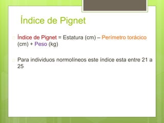 Índice de Pignet
 Índice de Pignet = Estatura (cm) – Perímetro torácico
(cm) + Peso (kg)
 Para individuos normolíneos este índice esta entre 21 a
25
 