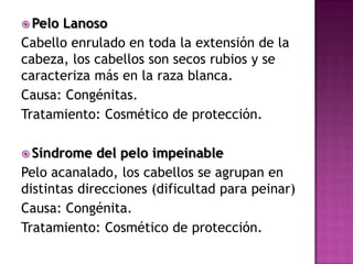  PeloLanoso
Cabello enrulado en toda la extensión de la
cabeza, los cabellos son secos rubios y se
caracteriza más en la raza blanca.
Causa: Congénitas.
Tratamiento: Cosmético de protección.

 Síndrome   del pelo impeinable
Pelo acanalado, los cabellos se agrupan en
distintas direcciones (dificultad para peinar)
Causa: Congénita.
Tratamiento: Cosmético de protección.
 