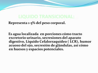 LIQUIDO TRANSICIONAL:
Representa 1-5% del peso corporal.


Es agua localizada en porciones cómo tracto
excretorio urinario, secresiones del aparato
digestivo, Liquido Cefalorraquídeo ( LCR), humor
acuoso del ojo, secresión de glándulas, así cómo
en huesos y espacios potenciales.
 