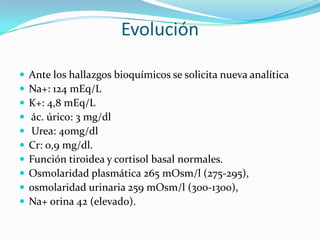 Evolución

   Ante los hallazgos bioquímicos se solicita nueva analítica
   Na+: 124 mEq/L
   K+: 4,8 mEq/L
   ác. úrico: 3 mg/dl
   Urea: 40mg/dl
   Cr: 0,9 mg/dl.
   Función tiroidea y cortisol basal normales.
   Osmolaridad plasmática 265 mOsm/l (275-295),
   osmolaridad urinaria 259 mOsm/l (300-1300),
   Na+ orina 42 (elevado).
 
