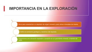 IMPORTANCIA EN LA EXPLORACIÓN
Sirve para caracterizar un depósito de origen mineral y para ubicar minerales de interés
Define el ambiente geológico y tectónico del depósito
Proporciona una ubicación espacial o zonación en un yacimiento mineral, a manera de
halos
 