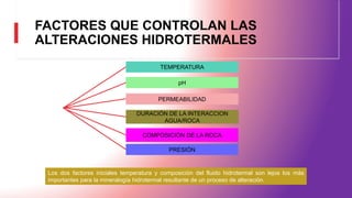 FACTORES QUE CONTROLAN LAS
ALTERACIONES HIDROTERMALES
PERMEABILIDAD
pH
DURACIÓN DE LA INTERACCION
AGUA/ROCA
COMPOSICIÓN DE LA ROCA
TEMPERATURA
PRESIÓN
Los dos factores iniciales temperatura y composición del fluido hidrotermal son lejos los más
importantes para la mineralogía hidrotermal resultante de un proceso de alteración.
 