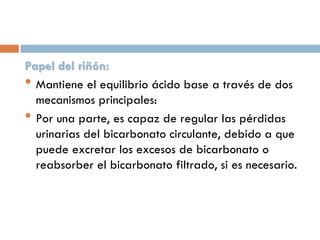 Papel del riñón:
• Mantiene el equilibrio ácido base a través de dos
mecanismos principales:
• Por una parte, es capaz de regular las pérdidas
urinarias del bicarbonato circulante, debido a que
puede excretar los excesos de bicarbonato o
reabsorber el bicarbonato filtrado, si es necesario.

 