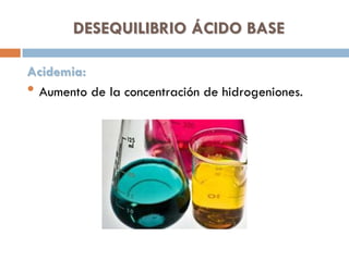 DESEQUILIBRIO ÁCIDO BASE
Acidemia:
• Aumento de la concentración de hidrogeniones.

 